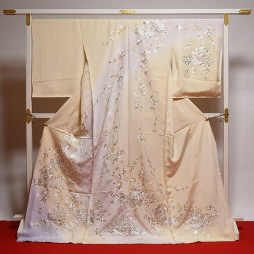 豪華手刺繍 訪問着 袷フルオーダー手縫いお仕立て付き 枝垂れ桜に花籠 淡いクリーム色 身長170cmまで、裄70.5cmまで 結婚式・披露宴・パーティ・お見合い・結納・入卒式・宮参り・七五三に♪送料無料
