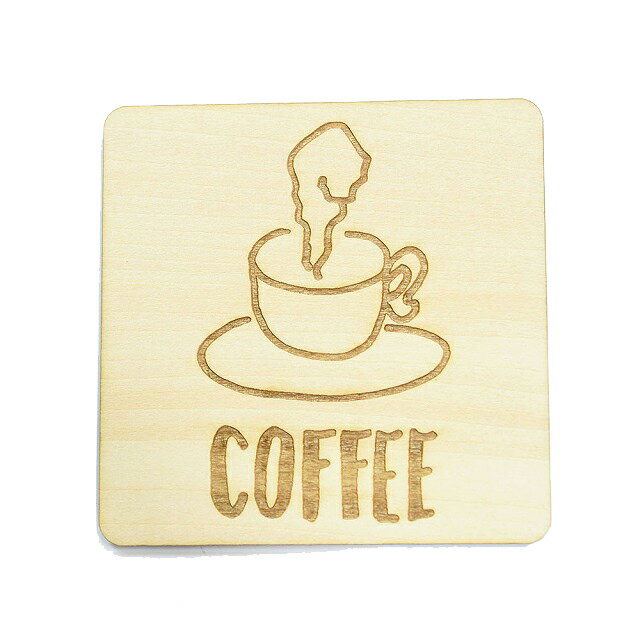 COFFEE プレート 木製 ドアサイン 正方形 9x9cm 彫刻 インテリア 案内 呼びかけ デザイン おしゃれ ピクトサイン