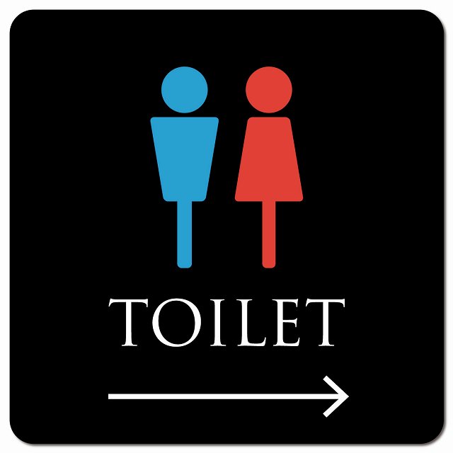 トイレ 御手洗 TOILET トイレマーク ブラック＆カラー 男女マーク 右 矢印 ピクトサイン マグネットステッカー マグネット 強力 正方形 13x13cm サイン インテリア 施設 案内
