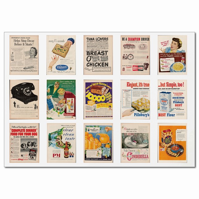 レトロアメリカン広告ポスター・Dグループ A4ステッカー 15柄 シール コラージュ 素材 雑誌 食品 飲料 日用品 1950年代 日本製