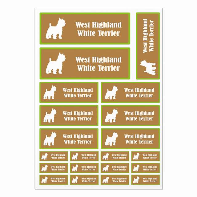 ドッグ ステッカー ウエストハイランドホワイトテリア ブラウン＆グリーン A4サイズ まとめて詰め合わせ サイズ別 長方形 21枚セット 犬種別 シール カーステッカー 愛犬 キャンプ 持ち物 ドッグフード用 屋外 屋内 防水 かわいい おしゃれ