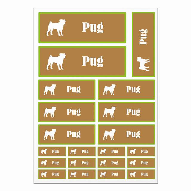 ドッグ ステッカー パグ ブラウン＆グリーン A4サイズ まとめて詰め合わせ サイズ別 長方形 21枚セット..