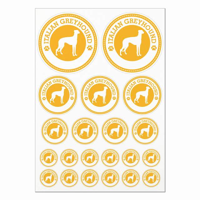 ドッグ ステッカー イタリアングレーハウンド イエロー A4サイズ まとめて詰め合わせ 丸タイプ サイズ別 21枚セット 犬種別 シール カーステッカー 愛犬 キャンプ 持ち物 ドッグフード用 屋外 屋内 防水 かわいい おしゃれ 肉球マーク
