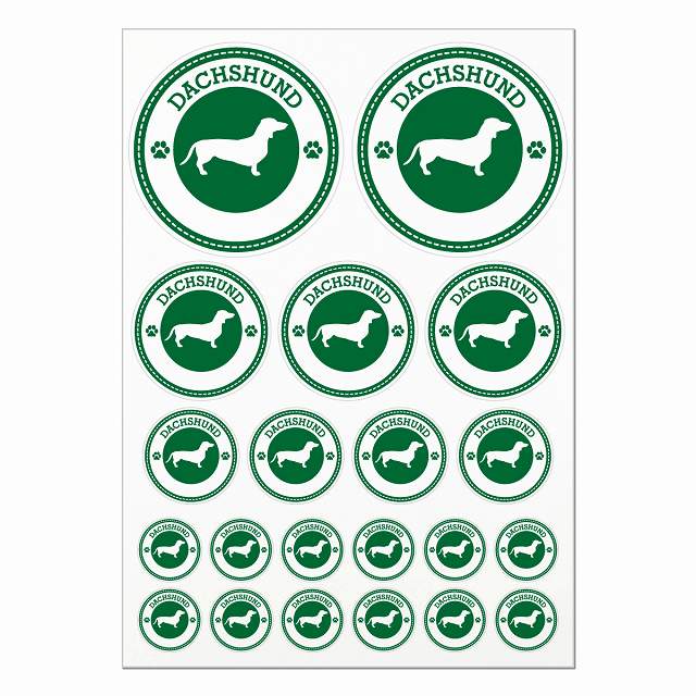 ドッグ ステッカー ダックスフント グリーン A4サイズ まとめて詰め合わせ 丸タイプ サイズ別 21枚セット 犬種別 シール カーステッカー 愛犬 キャンプ 持ち物 ドッグフード用 屋外 屋内 防水 かわいい おしゃれ 肉球マーク(3)