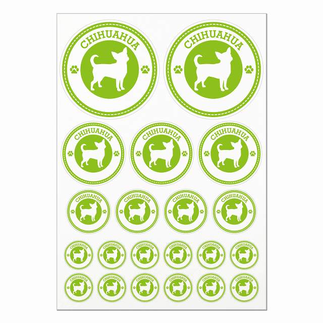 ドッグ ステッカー チワワ ライトグリーン A4サイズ まとめて詰め合わせ 丸タイプ サイズ別 21枚セット..