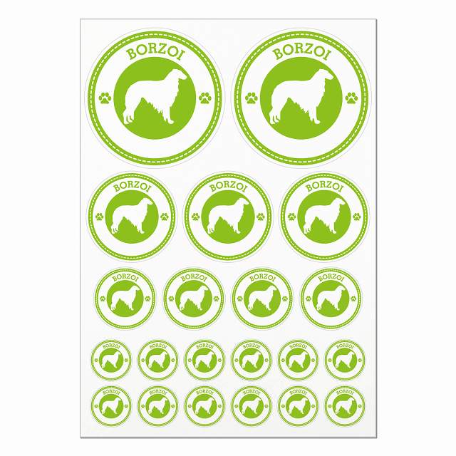 ドッグ ステッカー ボルゾイ ライトグリーン A4サイズ まとめて詰め合わせ 丸タイプ サイズ別 21枚セッ..