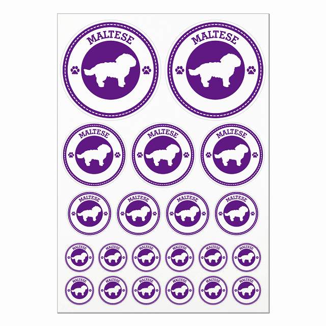 ドッグ ステッカー マルチーズ パープル A4サイズ まとめて詰め合わせ 丸タイプ サイズ別 21枚セット 犬種別 シール カーステッカー 愛犬 キャンプ 持ち物 ドッグフード用 屋外 屋内 防水 かわいい おしゃれ 肉球マーク