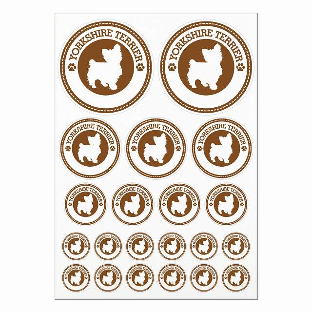 犬種別のステッカーです。ドッグフードの缶や犬小屋、車のリアガラス、給油口に貼ったり、スマホやノートパソコンなどの身の回りのものに貼ったりとたくさん使用用途がございますので是非ご活用ください。 各犬種10色を用意しました。 素材：塩ビ サイズ：A4サイズに合計21枚のステッカーを配置 直径10cmx2枚 直径6.5cmx3枚 直径4.5cmx4枚 直径3cmx12枚 ※取付時、取付箇所をきれいに拭いてください。 ※きれいに貼り付ける方法は貼りつけ箇所に中性洗剤を入れた水を吹きかけ、直後素早くシールを貼り付け、ゴムベラを使ってシールとガラスの間の水抜きを行います。きれいに水抜きを行うには、ゴムベラをガラスの真ん中から外側に向かって動かすのがポイントです。 窓ガラスの上側の水抜きをしてから、最後に下側の水抜きをします。 ※伸びやすい素材ですのできつく引っ張ったりしないでください。