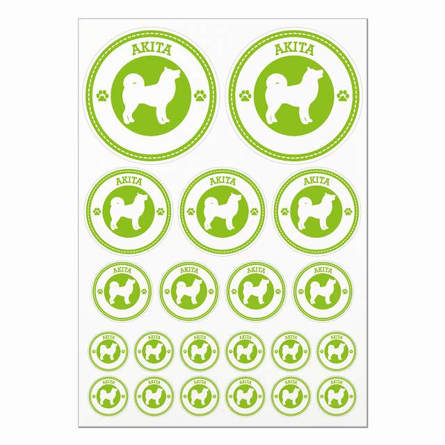 ドッグ ステッカー 秋田犬 ライトグリーン A4サイズ まとめて詰め合わせ 丸タイプ サイズ別 21枚セット..