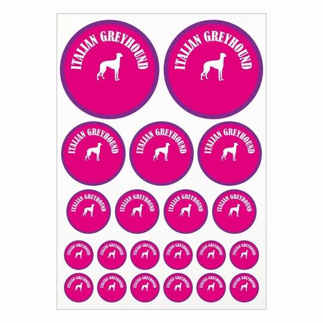 ドッグ ステッカー カラフル イタリアングレーハウンド ピンク＆パープル A4サイズ まとめて詰め合わせ サイズ別 丸型 21枚セット 犬種別 シール カーステッカー 愛犬 キャンプ 持ち物 ドッグフード用 屋外 屋内 防水 かわいい おしゃれ
