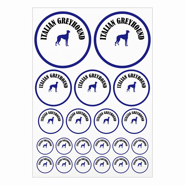ドッグ ステッカー カラフル イタリアングレーハウンド ホワイト＆ネイビー A4サイズ まとめて詰め合わせ サイズ別 丸型 21枚セット 犬種別 シール カーステッカー 愛犬 キャンプ 持ち物 ドッグフード用 屋外 屋内 防水 かわいい おしゃれ