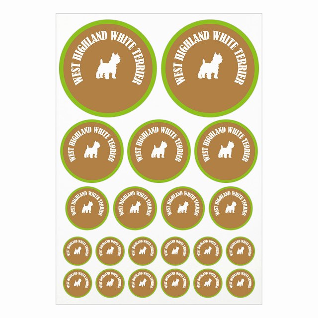 ドッグ ステッカー カラフル ウエストハイランドホワイトテリア ブラウン＆グリーン A4サイズ まとめて詰め合わせ サイズ別 丸型 21枚セット 犬種別 シール カーステッカー 愛犬 キャンプ 持ち物 ドッグフード用 屋外 屋内 防水 かわいい おしゃれ