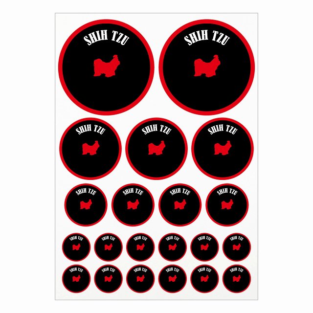 ドッグ ステッカー カラフル シーズー ブラック＆レッド A4サイズ まとめて詰め合わせ サイズ別 丸型 21枚セット 犬種別 シール カーステッカー 愛犬 キャンプ 持ち物 ドッグフード用 屋外 屋内 防水 かわいい おしゃれ