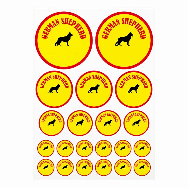 ドッグ ステッカー カラフル シェパード イエロー＆レッド A4サイズ まとめて詰め合わせ サイズ別 丸型 21枚セット 犬種別 シール カーステッカー 愛犬 キャンプ 持ち物 ドッグフード用 屋外 屋内 防水 かわいい おしゃれ