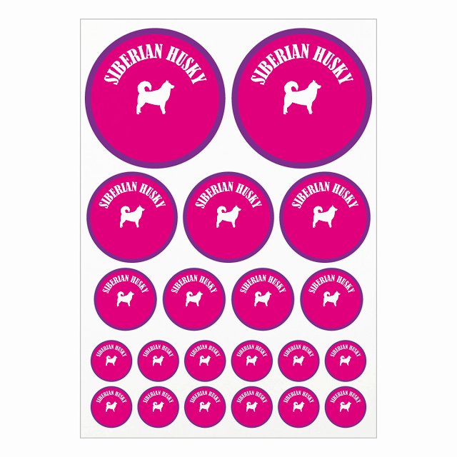 ドッグ ステッカー カラフル シベリアンハスキー ピンク＆パープル A4サイズ まとめて詰め合わせ サイズ別 丸型 21枚セット 犬種別 シール カーステッカー 愛犬 キャンプ 持ち物 ドッグフード用 屋外 屋内 防水 かわいい おしゃれ(3.0)