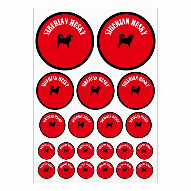 犬種別のステッカーです。ドッグフードの缶や犬小屋、車のリアガラス、給油口に貼ったり、スマホやノートパソコンなどの身の回りのものに貼ったりとたくさん使用用途がございますので是非ご活用ください。 各犬種12色を用意しました。 素材：塩ビ サイズ：A4サイズに合計21枚のステッカーを配置 直径10cmx2枚 直径6.5cmx3枚 直径4.5cmx4枚 直径3cmx12枚 ※取付時、取付箇所をきれいに拭いてください。 ※きれいに貼り付ける方法は貼りつけ箇所に中性洗剤を入れた水を吹きかけ、直後素早くシールを貼り付け、ゴムベラを使ってシールとガラスの間の水抜きを行います。きれいに水抜きを行うには、ゴムベラをガラスの真ん中から外側に向かって動かすのがポイントです。 窓ガラスの上側の水抜きをしてから、最後に下側の水抜きをします。 ※伸びやすい素材ですのできつく引っ張ったりしないでください。