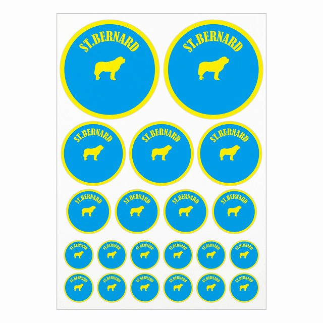 ドッグ ステッカー カラフル セントバーナード ブルー＆イエロー A4サイズ まとめて詰め合わせ サイズ別 丸型 21枚セット 犬種別 シール カーステッカー 愛犬 キャンプ 持ち物 ドッグフード用 屋外 屋内 防水 かわいい おしゃれ