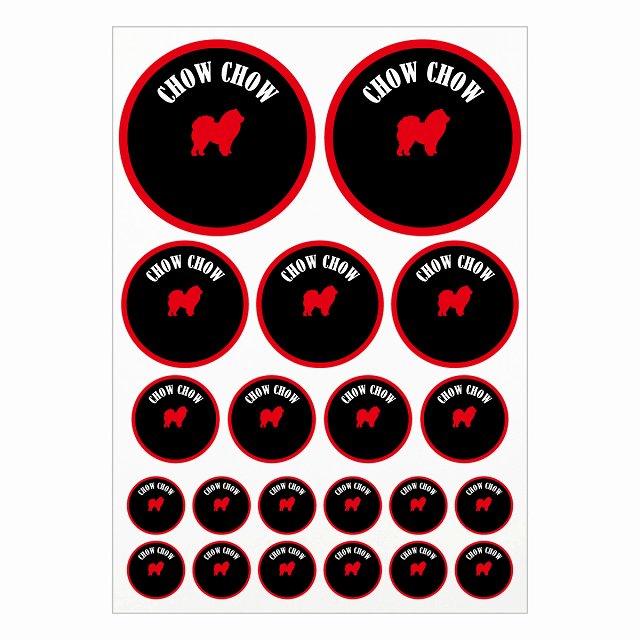 ドッグ ステッカー カラフル チャウチャウ ブラック＆レッド A4サイズ まとめて詰め合わせ サイズ別 丸型 21枚セット 犬種別 シール カーステッカー 愛犬 キャンプ 持ち物 ドッグフード用 屋外 屋内 防水 かわいい おしゃれ