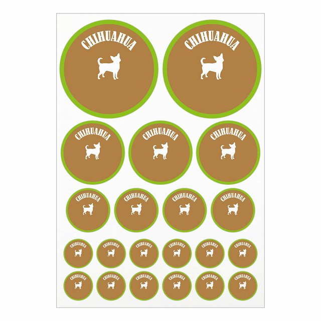 ドッグ ステッカー カラフル チワワ ブラウン＆グリーン A4サイズ まとめて詰め合わせ サイズ別 丸型 21枚セット 犬種別 シール カーステッカー 愛犬 キャンプ 持ち物 ドッグフード用 屋外 屋内 防水 かわいい おしゃれ