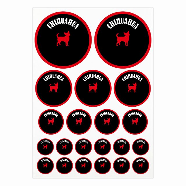 ドッグ ステッカー カラフル チワワ ブラック＆レッド A4サイズ まとめて詰め合わせ サイズ別 丸型 21枚セット 犬種別 シール カーステッカー 愛犬 キャンプ 持ち物 ドッグフード用 屋外 屋内 防水 かわいい おしゃれ