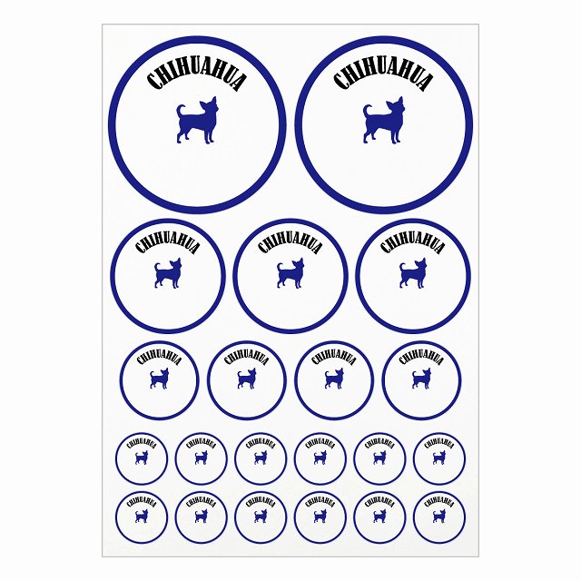 犬種別のステッカーです。ドッグフードの缶や犬小屋、車のリアガラス、給油口に貼ったり、スマホやノートパソコンなどの身の回りのものに貼ったりとたくさん使用用途がございますので是非ご活用ください。 各犬種12色を用意しました。 素材：塩ビ サイズ：A4サイズに合計21枚のステッカーを配置 直径10cmx2枚 直径6.5cmx3枚 直径4.5cmx4枚 直径3cmx12枚 ※取付時、取付箇所をきれいに拭いてください。 ※きれいに貼り付ける方法は貼りつけ箇所に中性洗剤を入れた水を吹きかけ、直後素早くシールを貼り付け、ゴムベラを使ってシールとガラスの間の水抜きを行います。きれいに水抜きを行うには、ゴムベラをガラスの真ん中から外側に向かって動かすのがポイントです。 窓ガラスの上側の水抜きをしてから、最後に下側の水抜きをします。 ※伸びやすい素材ですのできつく引っ張ったりしないでください。