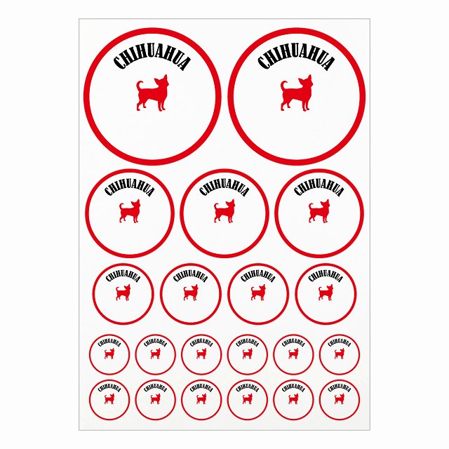 犬種別のステッカーです。ドッグフードの缶や犬小屋、車のリアガラス、給油口に貼ったり、スマホやノートパソコンなどの身の回りのものに貼ったりとたくさん使用用途がございますので是非ご活用ください。 各犬種12色を用意しました。 素材：塩ビ サイズ：A4サイズに合計21枚のステッカーを配置 直径10cmx2枚 直径6.5cmx3枚 直径4.5cmx4枚 直径3cmx12枚 ※取付時、取付箇所をきれいに拭いてください。 ※きれいに貼り付ける方法は貼りつけ箇所に中性洗剤を入れた水を吹きかけ、直後素早くシールを貼り付け、ゴムベラを使ってシールとガラスの間の水抜きを行います。きれいに水抜きを行うには、ゴムベラをガラスの真ん中から外側に向かって動かすのがポイントです。 窓ガラスの上側の水抜きをしてから、最後に下側の水抜きをします。 ※伸びやすい素材ですのできつく引っ張ったりしないでください。