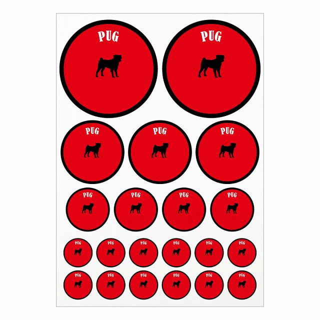ドッグ ステッカー カラフル パグ レッド＆ブラック A4サイズ まとめて詰め合わせ サイズ別 丸型 21枚セット 犬種別 シール カーステッカー 愛犬 キャンプ 持ち物 ドッグフード用 屋外 屋内 防水 かわいい おしゃれ