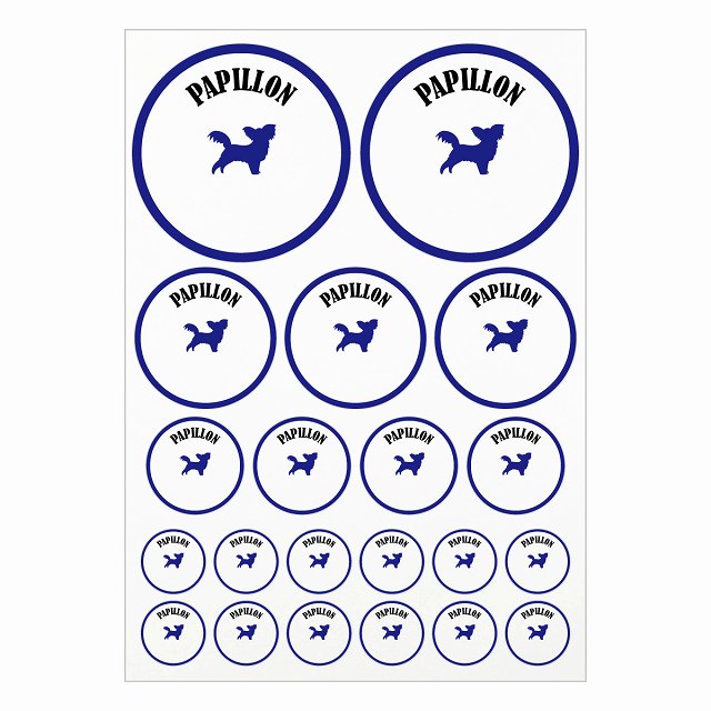 ドッグ ステッカー カラフル パピヨン ホワイト＆ネイビー A4サイズ まとめて詰め合わせ サイズ別 丸型 21枚セット 犬種別 シール カーステッカー 愛犬 キャンプ 持ち物 ドッグフード用 屋外 屋内 防水 かわいい おしゃれ