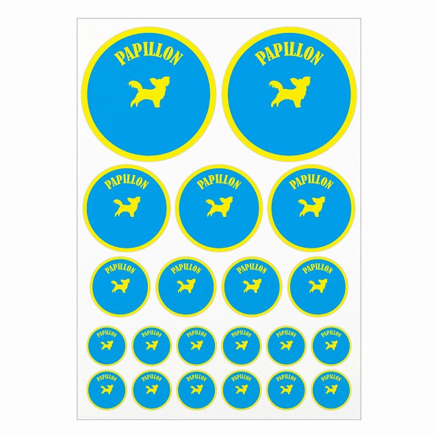 ドッグ ステッカー カラフル パピヨン ブルー＆イエロー A4サイズ まとめて詰め合わせ サイズ別 丸型 2..