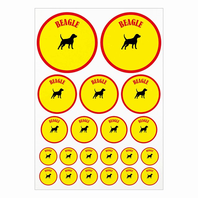 ドッグ ステッカー カラフル ビーグル イエロー＆レッド A4サイズ まとめて詰め合わせ サイズ別 丸型 21枚セット 犬種別 シール カーステッカー 愛犬 キャンプ 持ち物 ドッグフード用 屋外 屋内 防水 かわいい おしゃれ