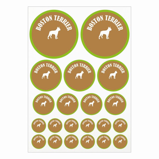 ドッグ ステッカー カラフル ボストンテリア ブラウン＆グリーン A4サイズ まとめて詰め合わせ サイズ別 丸型 21枚セット 犬種別 シール カーステッカー 愛犬 キャンプ 持ち物 ドッグフード用 屋外 屋内 防水 かわいい おしゃれ