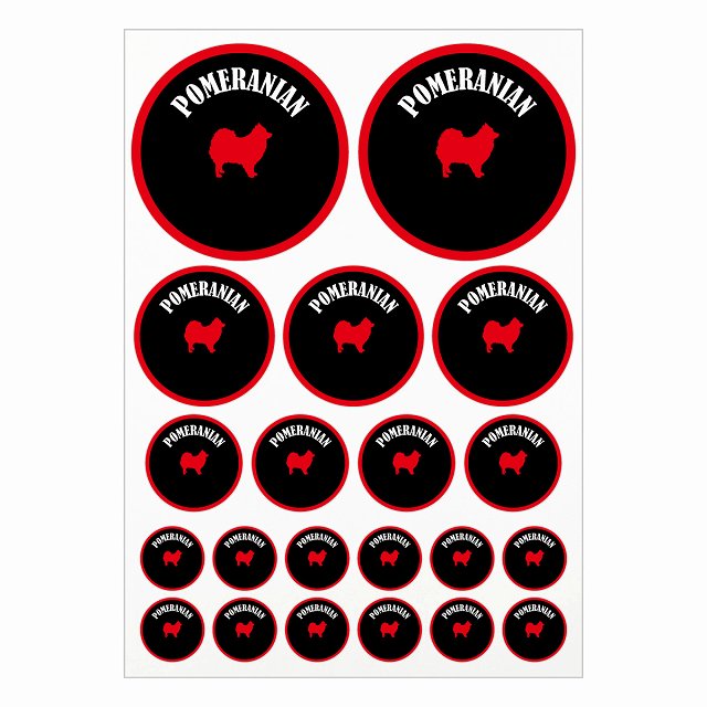 ドッグ ステッカー カラフル ポメラニアン ブラック＆レッド A4サイズ まとめて詰め合わせ サイズ別 丸型 21枚セット 犬種別 シール カーステッカー 愛犬 キャンプ 持ち物 ドッグフード用 屋外 屋内 防水 かわいい おしゃれ