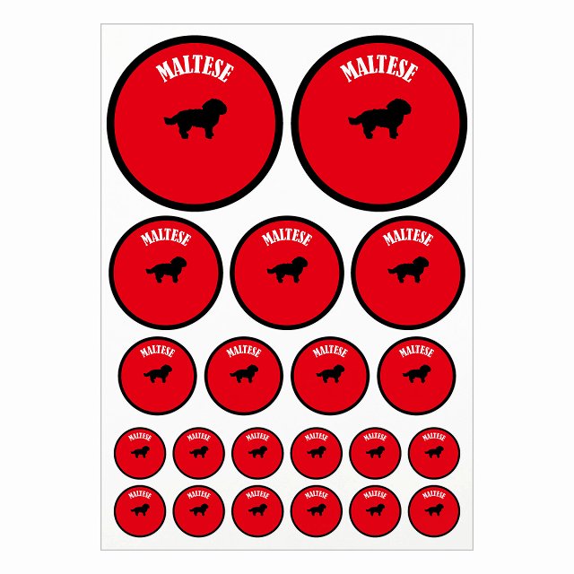 ドッグ ステッカー カラフル マルチーズ レッド＆ブラック A4サイズ まとめて詰め合わせ サイズ別 丸型 21枚セット 犬種別 シール カーステッカー 愛犬 キャンプ 持ち物 ドッグフード用 屋外 屋内 防水 かわいい おしゃれ
