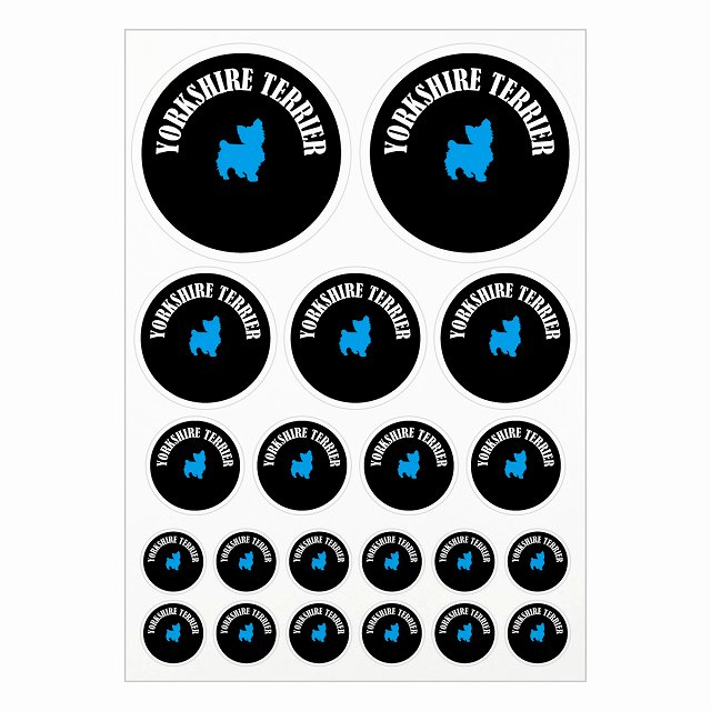 ドッグ ステッカー カラフル ヨークシャーテリア ブラック＆ホワイト A4サイズ まとめて詰め合わせ サイズ別 丸型 21枚セット 犬種別 シール カーステッカー 愛犬 キャンプ 持ち物 ドッグフード用 屋外 屋内 防水 かわいい おしゃれ