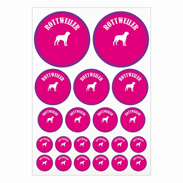 ドッグ ステッカー カラフル ロットワイラー ピンク＆パープル A4サイズ まとめて詰め合わせ サイズ別 丸型 21枚セット 犬種別 シール カーステッカー 愛犬 キャンプ 持ち物 ドッグフード用 屋外 屋内 防水 かわいい おしゃれ