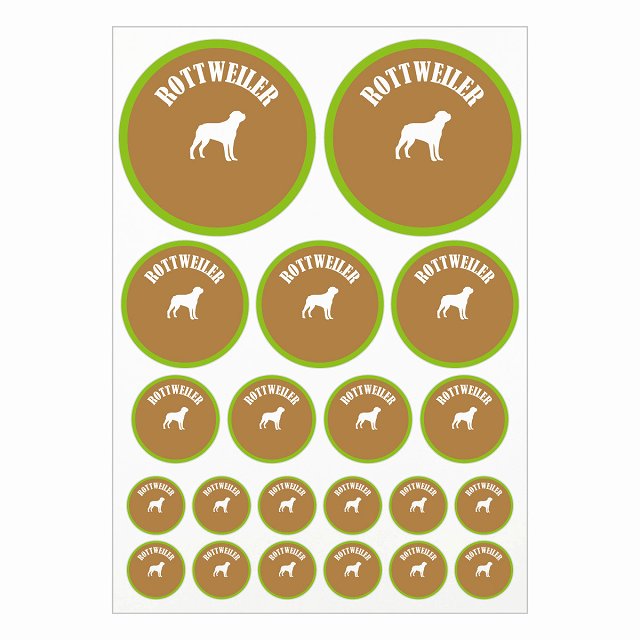 ドッグ ステッカー カラフル ロットワイラー ブラウン＆グリーン A4サイズ まとめて詰め合わせ サイズ別 丸型 21枚セット 犬種別 シール カーステッカー 愛犬 キャンプ 持ち物 ドッグフード用 屋外 屋内 防水 かわいい おしゃれ