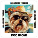 Yorkshire Terrier ヨークシャテリア 犬 カーステッカー DOG IN CAR 海 麦わら帽子 サングラス 夏 13x13cm 正方形 防水 屋外 屋内 車ステッカー ステッカー 車 かっこいい おしゃれ かわいい バイク サインステッカー