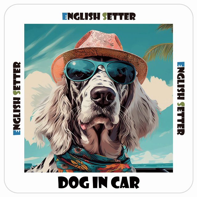 English Setter イングリッシュセッター 犬 カーステッカー シール DOG IN CAR 海 麦わら帽子 サングラ..