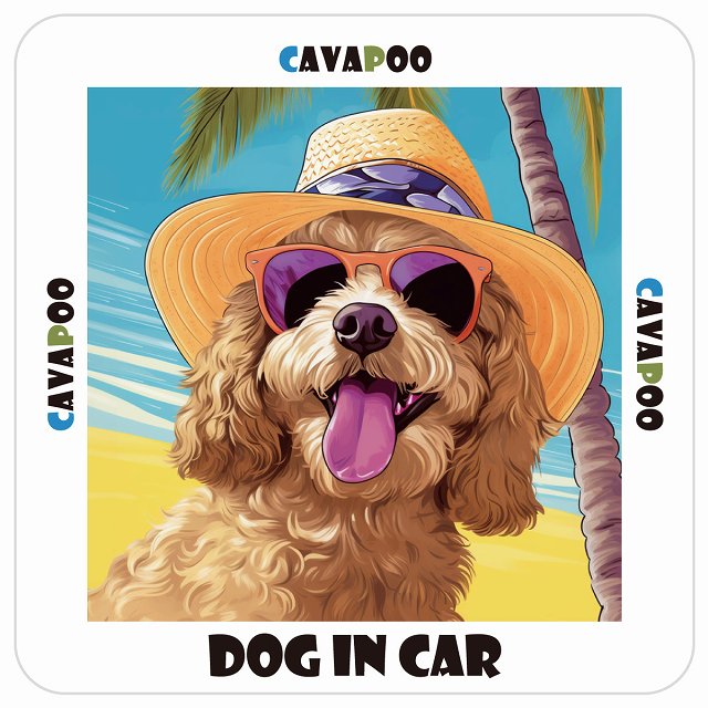 キャバプー Cavapoo 犬 カーステッカー シール DOG IN CAR 海 麦わら帽子 サングラス 夏 13x13cm 正方..