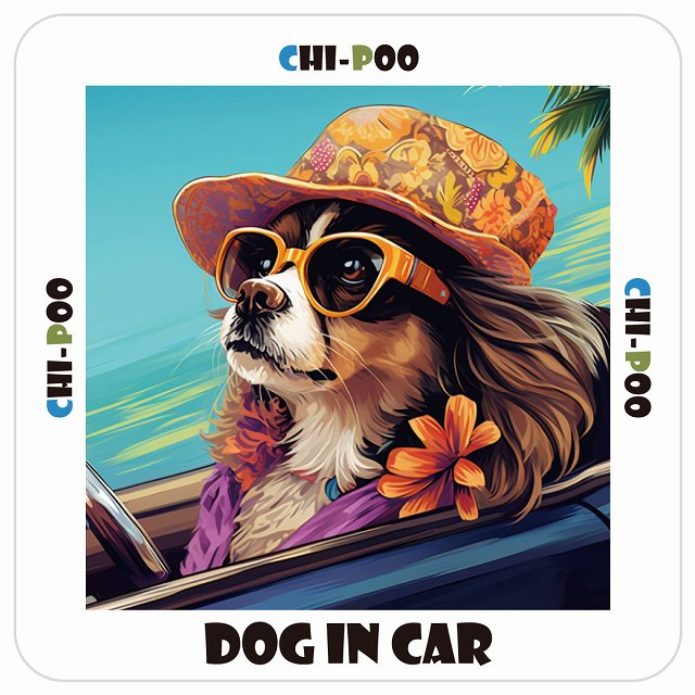 チワプー Chi-Poo 犬 カーステッカー シール DOG IN CAR 海 麦わら帽子 サングラス 夏 13x13cm 正方形 ..
