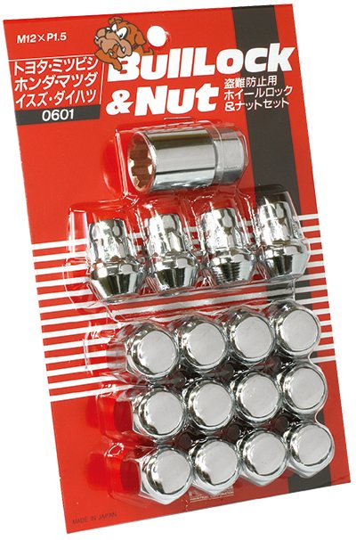 品番 サイズ キー二面幅mm キーアダプター外径 カラー 入数 JANコード4965581〜 0601 M12×P1.5 21HEX 26mm クロームメッキ 12nut/4Locks袋タイプ 220109 ●付属品：キーアダプター（A-11）1個 その他のブルロック(Bull Lock) シリーズ商品はこちらから ■在庫について 　メーカーより取り寄せとなりますので、商品のご用意に1週間程お時間を頂く場合もございます。 　お急ぎの場合は予め納期のご確認をお願いします。 　また、商品欠品の場合は2〜5週間程お待ちいただく場合がございます。ご了承下さい。 　在庫がない商品でも、予約注文という形で注文をお受けしております。 　お客様が注文したタイミングで在庫状況を確認いたしますので、タイミングが前後する可能性があります。 　受注生産品もございますので、注文後のキャンセルはご遠慮ください。 ■備考 　お客様都合の注文後のキャンセル、購入後の返品は受け付けていません。 　中身違い・破損等に関しては商品到着後3日以内にご連絡下さい。 　ご不明な点・ご質問等は必ずご注文前にお問い合わせ下さいます様お願いします。 ※最新の適合データに関しましては、必ずメーカーページにてご確認下さい。 ※商品の改良等により適合条件が変更になる場合もございます。 ※予告なくメーカーにて商品生産終了となる場合もございます。