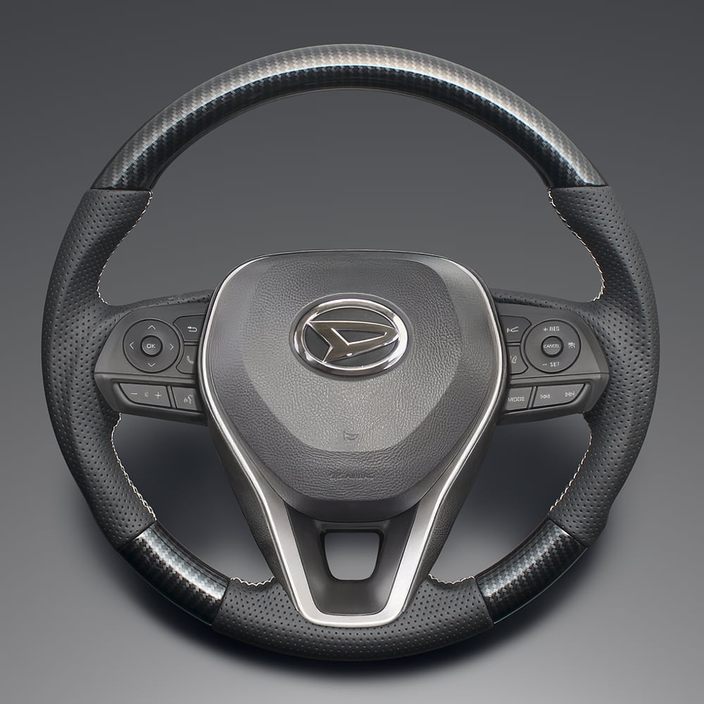 FEGGARI アルティス 70系(AXVH70N/AXVH75N) ウッド＆レザーステアリング(純正交換) ブラックカーボン調 x PVCレザー(ダークグレー) x シルバー ユーロステッチ / LS203 フェガーリ