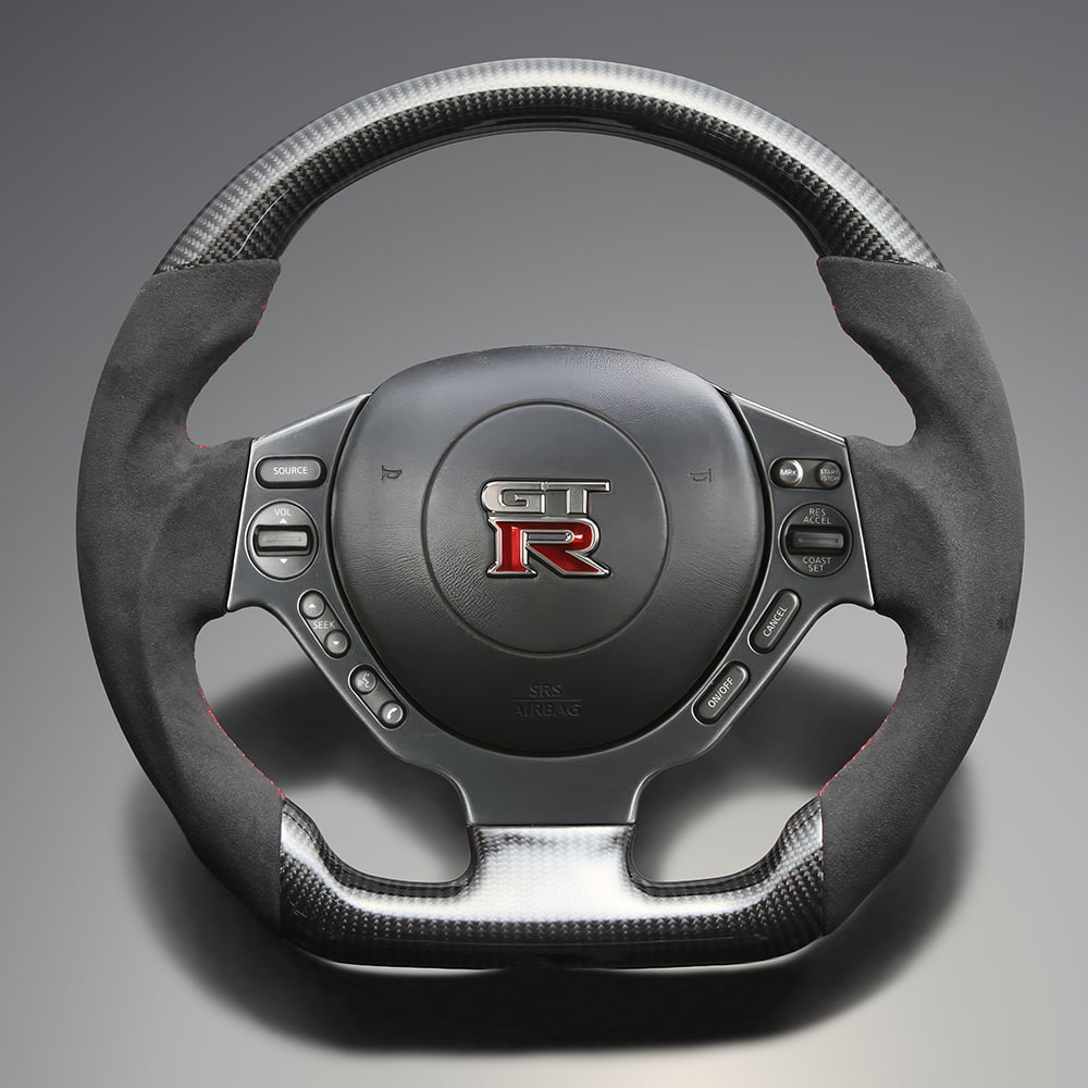 FEGGARI GT-R R35 アルカンターラ & リアルカーボン ステアリング(純正交換) クリア塗装 レッド ユーロステッチ / LS302 フェガーリ