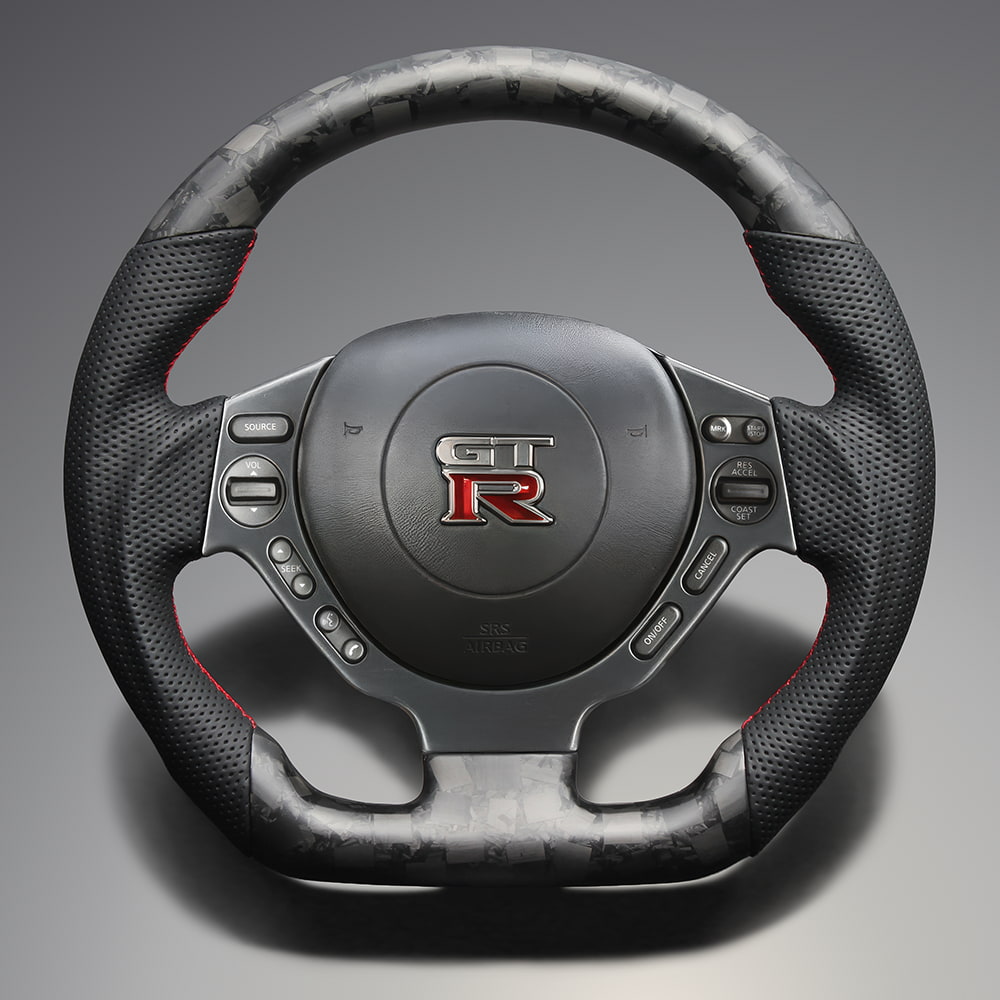 FEGGARI GT-R R35 本革 & フォージッドカーボン ステアリング(純正交換) マット塗装 レッド ユーロステッチ / LS304 フェガーリ GTR