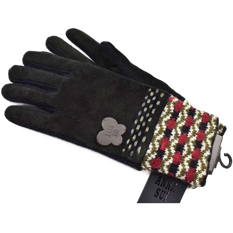 アナスイ 手袋 レディース 革 皮 レザー 暖かい かわいい 自転車 防寒 ブランド ハイブランド ANNA SUI ステッチ 編み込み 黒 ブラック 21cm...