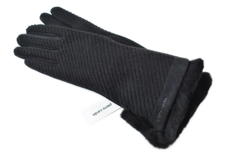 ピエールカルダン 手袋 レディース ブランド pierre cardin ウール ラムレザー 混 レッキスラビット ファー バイアスストライプ 黒 ブラック 2...