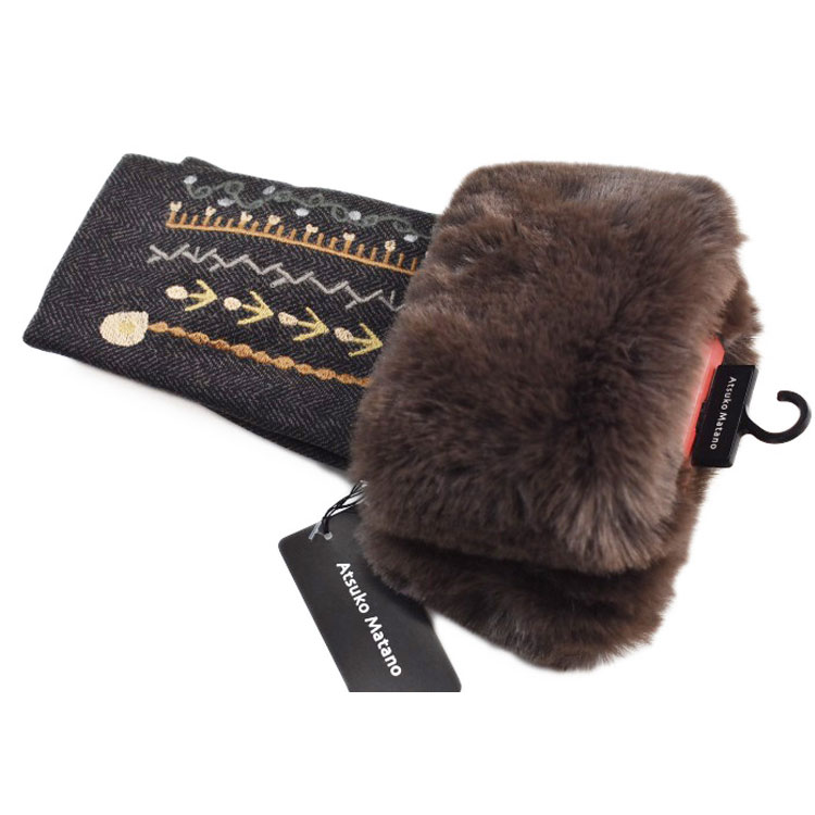 マタノ アツコ 手袋 レディース ブランド Atsuko Matano 指なし マニッシュ 刺繍 デザイン フェイクファー 茶 ブラウン 21-22cm フィン...