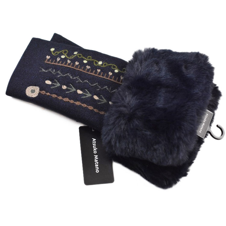 マタノ アツコ 手袋 レディース ブランド Atsuko Matano 指なし マニッシュ 刺繍 デザイン フェイクファー 紺 ネイビー 21-22cm フィン...