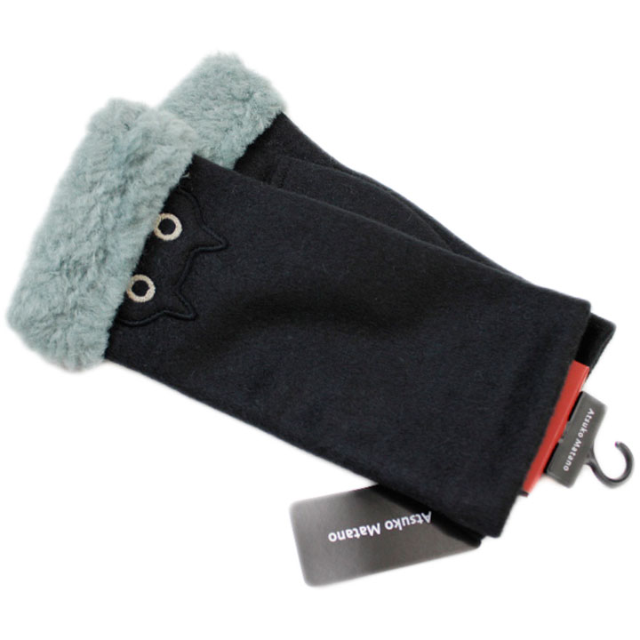 マタノ アツコ 手袋 指無し レディース ブランド Atsuko Matano 猫 MEME ボア ネコ クロネコ 厚手 黒 ..