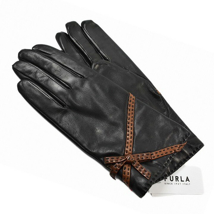【新古品】 フルラ 手袋 レディース ブランド FURLA ラムレザー ステッチリボン デザイン 黒 ブラック 19cm 20cm 21cm 女性 婦人 グローブ 防寒(4)
